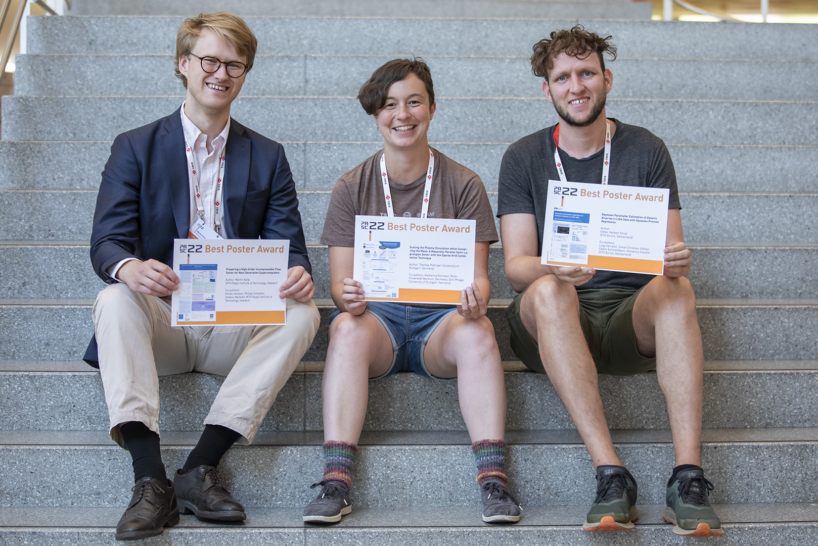 The three winners of the PASC best poster awards, from left to right: Martin Karp, Theresa Pollinger, Stefan Strub